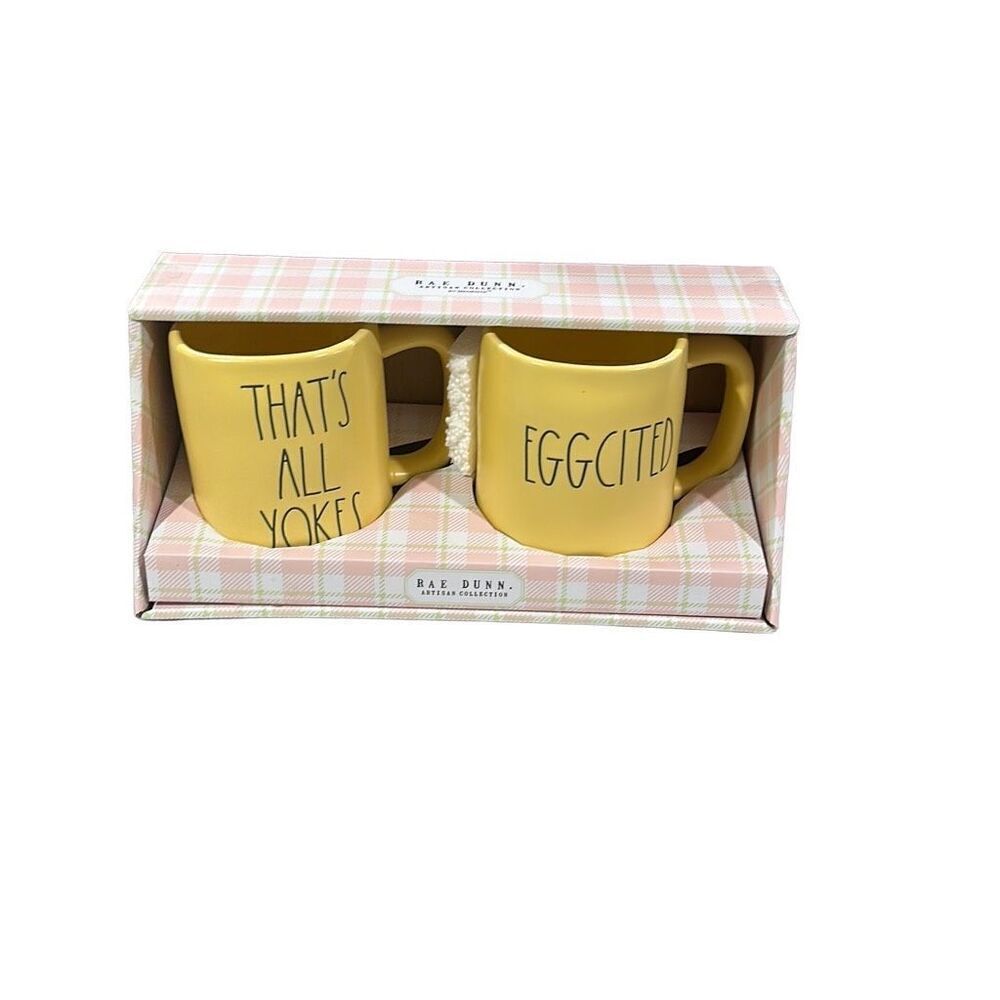 NWT Rae Dunn Easter Mug Set That’s All Yolks Eggcited Yellow Ceramic
